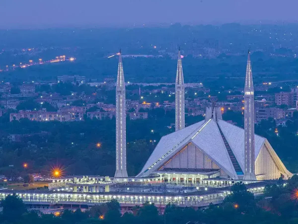 Faisal Mosque and Islamabad city at dusk